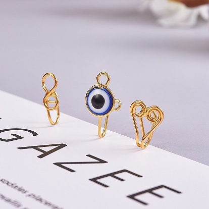 12Pcs 12 Style Evil Eye & Wire Wrap Brass Nose Rings, Nose Cuff Non Piercing, Clip on Nose Ring for Women Men