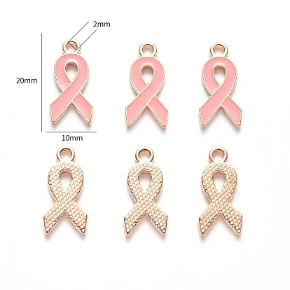 Alloy Enamel Pendants, October Breast Cancer Pink Awareness Ribbon Shape, Light Gold Plated