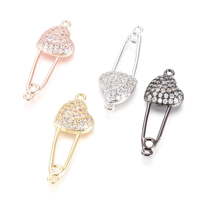 Brass Micro Pave Cubic Zirconia Links Connectors, Safety Pin Shape with Heart