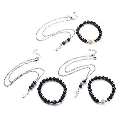 Pendant Necklaces and Stretch Bracelets Sets, with Natural Black Agate Beads, Brass Cubic Zirconia Round Beads, 304 Stainless Steel Rolo Chains and Heart Link Chains, Feather, with Cardboard Box