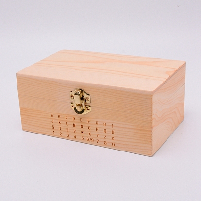 Caja de madera sin terminar rectángulo, con tapa abatible y cierre frontal, para hallazgos de sellos alfabéticos
