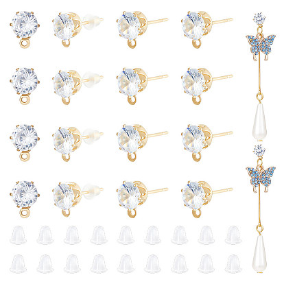 12 пары латунных сережек-гвоздиков с кубическим цирконием, с горизонтальной петлей и 50пластиковыми ушными гайками