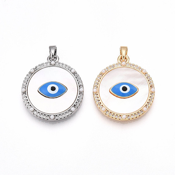 Латунные микро проложить кубического циркония подвески, без кадмия, без никеля и без свинца, плоские круглые с сглаза, с ракушкой, эмалью и искусственным жемчугом из АБС-пластика