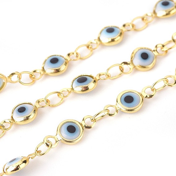Handmade Evil Eye Lampwork Link Chains, Soldered, with Brass Findings, with Spool, Long-Lasting Plated, Flat Round