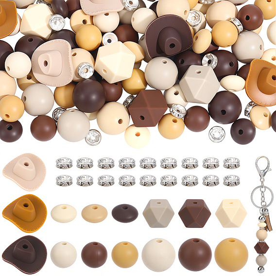 102Pcs 15 Styles Round Food Grade Eco-Friendly Silicone Beads, with 20Pcs Iron Rhinestone