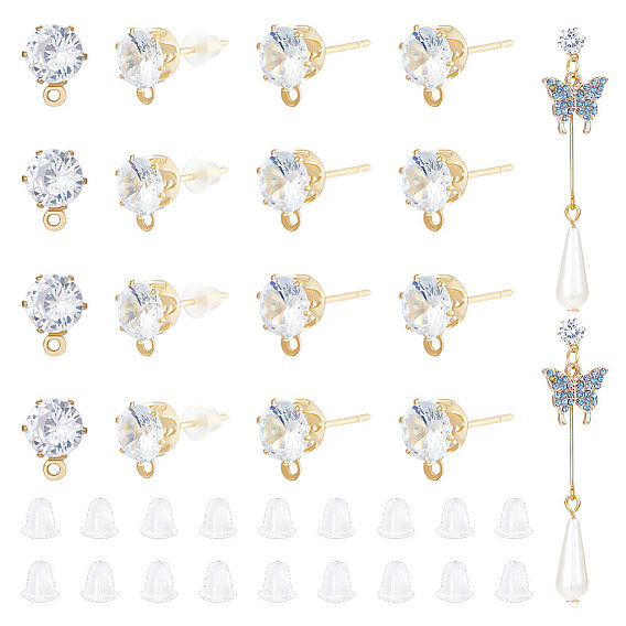 12 пары латунных сережек-гвоздиков с кубическим цирконием, с горизонтальной петлей и 50пластиковыми ушными гайками