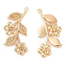 Brass Pave Clear Cubic Zirconia Pendant Rhinestone Settings, Flower Charms with Leaf