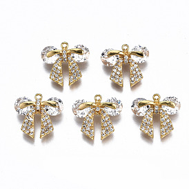 Brass Micro Pave Cubic Zirconia Pendants, Nickel Free, Real 18K Gold Plated, Bowknot