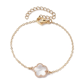 Plum Blossom Flower Glass Link Chain Bracelets, Brass Cable Chain Bracelets for Women