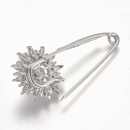 Brass Micro Pave Cubic Zirconia Safety Brooch, with Acrylic Imitation Pearl, Flower