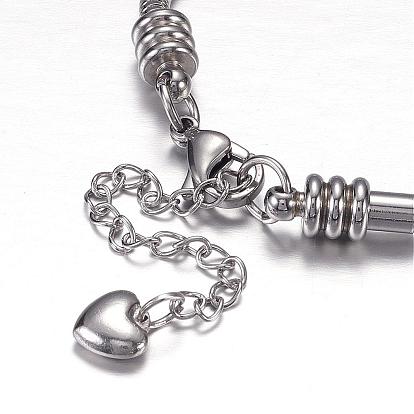 304 bracelets chaînes serpent européennes rondes en acier inoxydable, avec fermoir pince de homard et les charmes de coeur