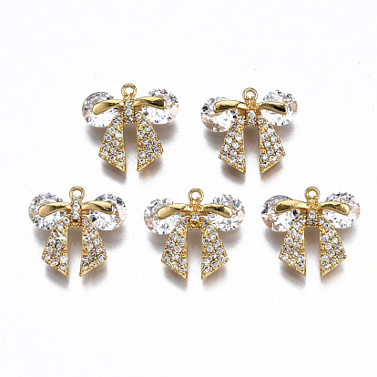 Brass Micro Pave Cubic Zirconia Pendants, Nickel Free, Real 18K Gold Plated, Bowknot