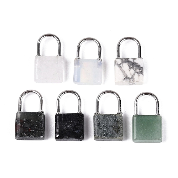 Natural & Synthetic Mixed Stone Pendants, Lock Charms with Alloy Findings, Platinum