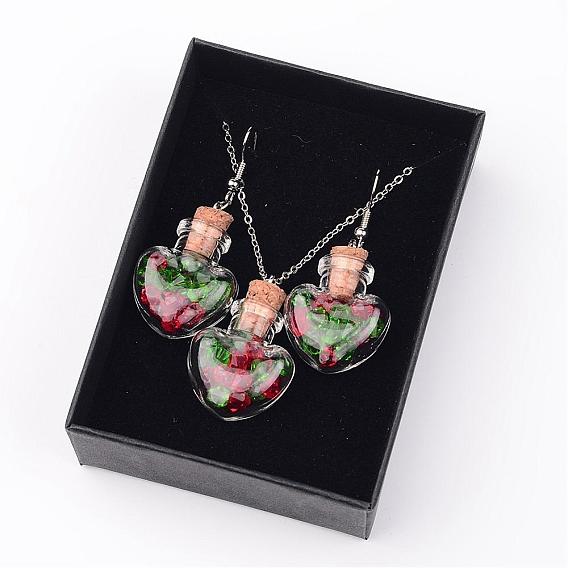 Сердце стеклянная бутылка желаний кулон ожерелья и висячие серьги комплекты украшений, 17.7 дюйм, 51 мм, штифты : 0.6 мм
