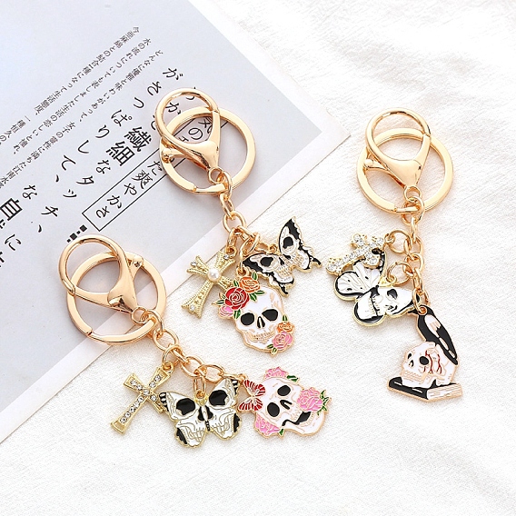 Halloween Metal with Enamel Keychain, Skull with Flower and Butterfly