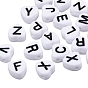 White Opaque Acrylic Enamel Beads, Heart with Mixed Black Letters