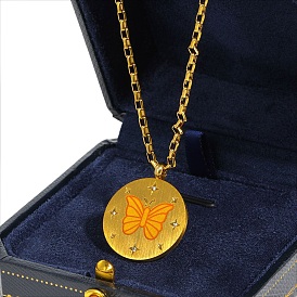 Ion Plating(IP) Titanium Steel Pendants Necklaces, Flat Round with Butterfly