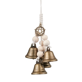 Iron Bell Pendant Decoration, Alloy Star & Wood Beads and Jute Cord for Home Door Hanging Ornaments