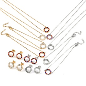 Ring 304 Stainless Steel Rhinestone Pendant Necklaces & Bracelets & Stud Earrings Sets for Women