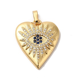 Rack Plating Brass Micro Pave Cubic Zirconia Pendants, Long-Lasting Plated, Lead Free & Cadmium Free, Heart with Eye Charms