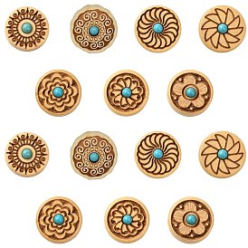 14шт 7 стили деревянные бусины, с синтетическими бирюзовый, плоско-круглые