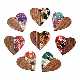 Transparent Resin & Walnut Wood Pendants, with Gold Foil, Heart Charms