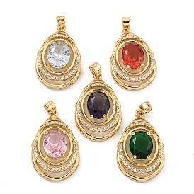 Brass Micro Pave Clear Cubic Zirconia Pendants, with Glass, Teardrop