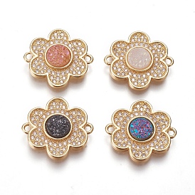 Brass Micro Pave Cubic Zirconia Links Connectors, with Electroplated Natural Druzy Quartz, Flower, Golden