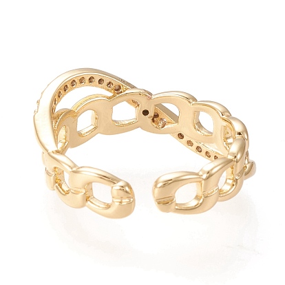 Adjustable Brass Micro Pave Clear Cubic Zirconia Cuff Rings, Open Rings, Long-Lasting Plated, Curb Chain Shape