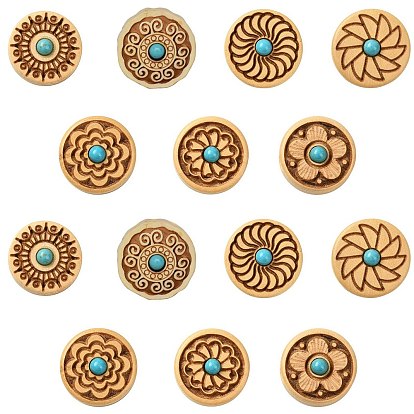 14шт 7 стили деревянные бусины, с синтетическими бирюзовый, плоско-круглые