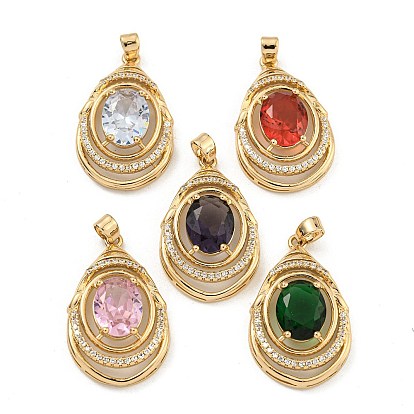 Brass Micro Pave Clear Cubic Zirconia Pendants, Cadmium Free & Nickel Free & Lead Free, with Glass, Teardrop