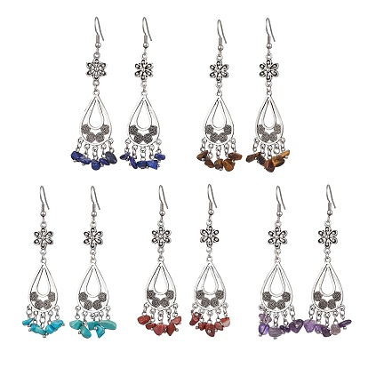 304 Stainless Steel Flower & Teardrop Chandelier Earrings, Natural & Synthetic Mixed Gemstone Chips Drop Earrings