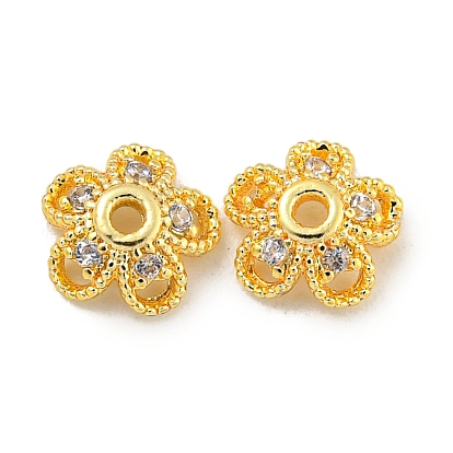 Bouchons de perles en laiton plaqué en rack, micro pavés en zircone cubique transparent, plaqué longue durée, sans plomb et sans cadmium, fleur