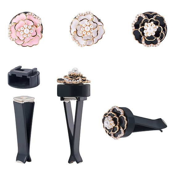 Комплекты зажимов для вентиляционных отверстий, В комплекте 3 шт. 3 цветные кабошоны из сплава с эмалью в виде цветка, в комплекте 3шт. железный зажим для вентиляционного отверстия и пластиковый слот для карты