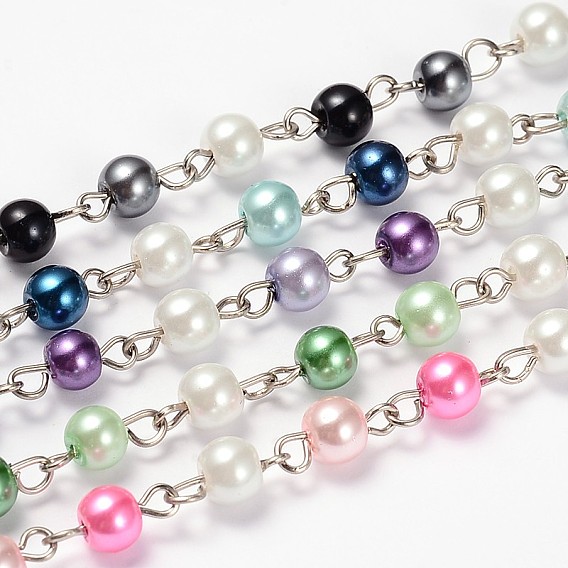 Glass Pearl Round Beads Handmade Chains for Necklaces Bracelets Making, with Iron Eye Pin, Unwelded, 39.3 inch