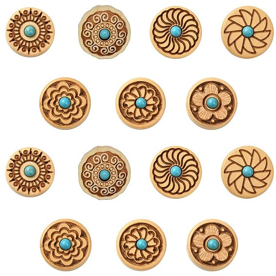 14шт 7 стили деревянные бусины, с синтетическими бирюзовый, плоско-круглые