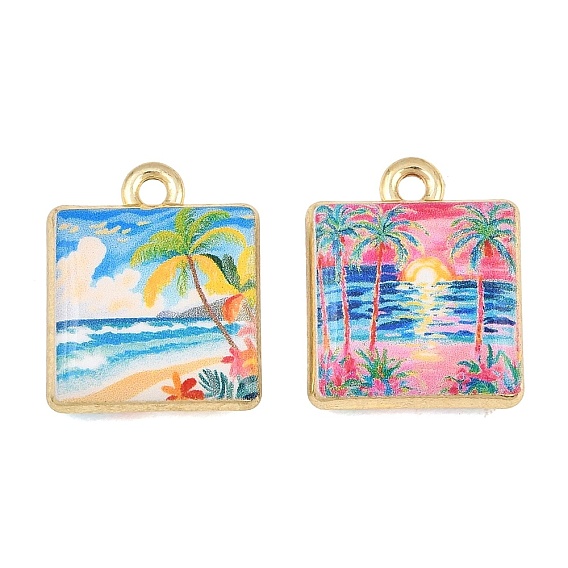 Printed Alloy Pendants, Square with Sandbeach & Coconut Tree Charms, Golden, Rack Plating