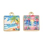 Printed Alloy Pendants, Square with Sandbeach & Coconut Tree Charms, Golden, Rack Plating