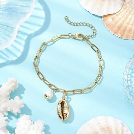 Браслеты с подвесками из натурального пресноводного жемчуга и гальванизированных ракушек, 304 браслет-цепочка из нержавеющей стали для женщин