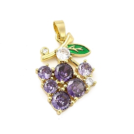 Brass Micro Pave Clear Cubic Zirconia Pendants, with Purple Glass, Grape Charm