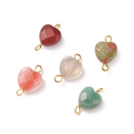 Mixed Gemstone Connector Charms, with Golden Tone Iron Double Loops, Faceted Heart