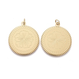 Ion Plating(IP) 304 Stainless Steel Pendants, with Jump Ring, Laser Cut, Flat Round with Flower