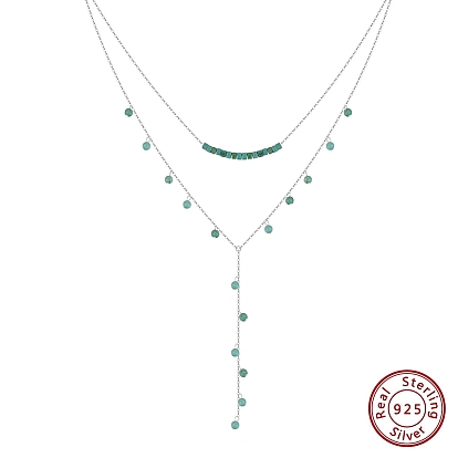 925 Collares en Y con borla de bola redonda de plata de ley y turquesa sintética, collares de doble capa para mujer, Rodio plateado