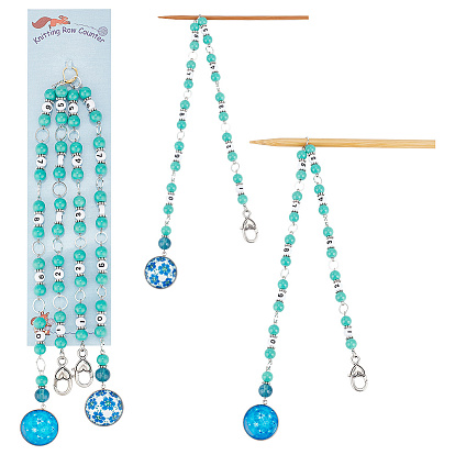 Acryl-Anhänger mit Strickreihen-Zählketten und zufälligem Glas-Cabochon, Maschenmarkierer mit Verbindungsring aus Messing, flach rund mit Zahl & rund