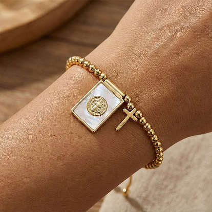 Регулируемые браслеты из латуни и натуральных ракушек с подвесками, латунные круглые бусины плетеные браслеты из бисера для женщин, прямоугольник со святым Бенедиктом и крестом