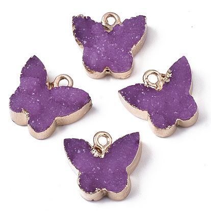 Druzy Resin Pendants, with Edge Light Gold Plated Iron Loops, Butterfly