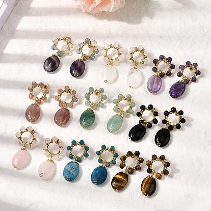 Драгоценные камни свисающие серьги, цветок с овальной, с фурнитурой латунной для серег, золотые, стойки покрытие