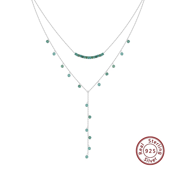 925 Sterling Silver & Synthetic Turquoise Round Ball Tassel Y Necklaces, Double Layer Necklaces for Women, Rhodium Plated