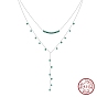 925 Sterling Silver & Synthetic Turquoise Round Ball Tassel Y Necklaces, Double Layer Necklaces for Women, Rhodium Plated