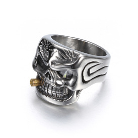 Titanium Steel Skull with Cigarette Finger Ring, Gothic Halloween Chunky Ring for Men Women